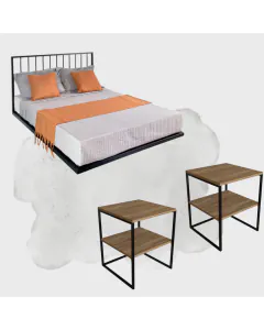 Conjunto para Quarto - Cama com cabeceira + 2 Mesas de Cabeceira